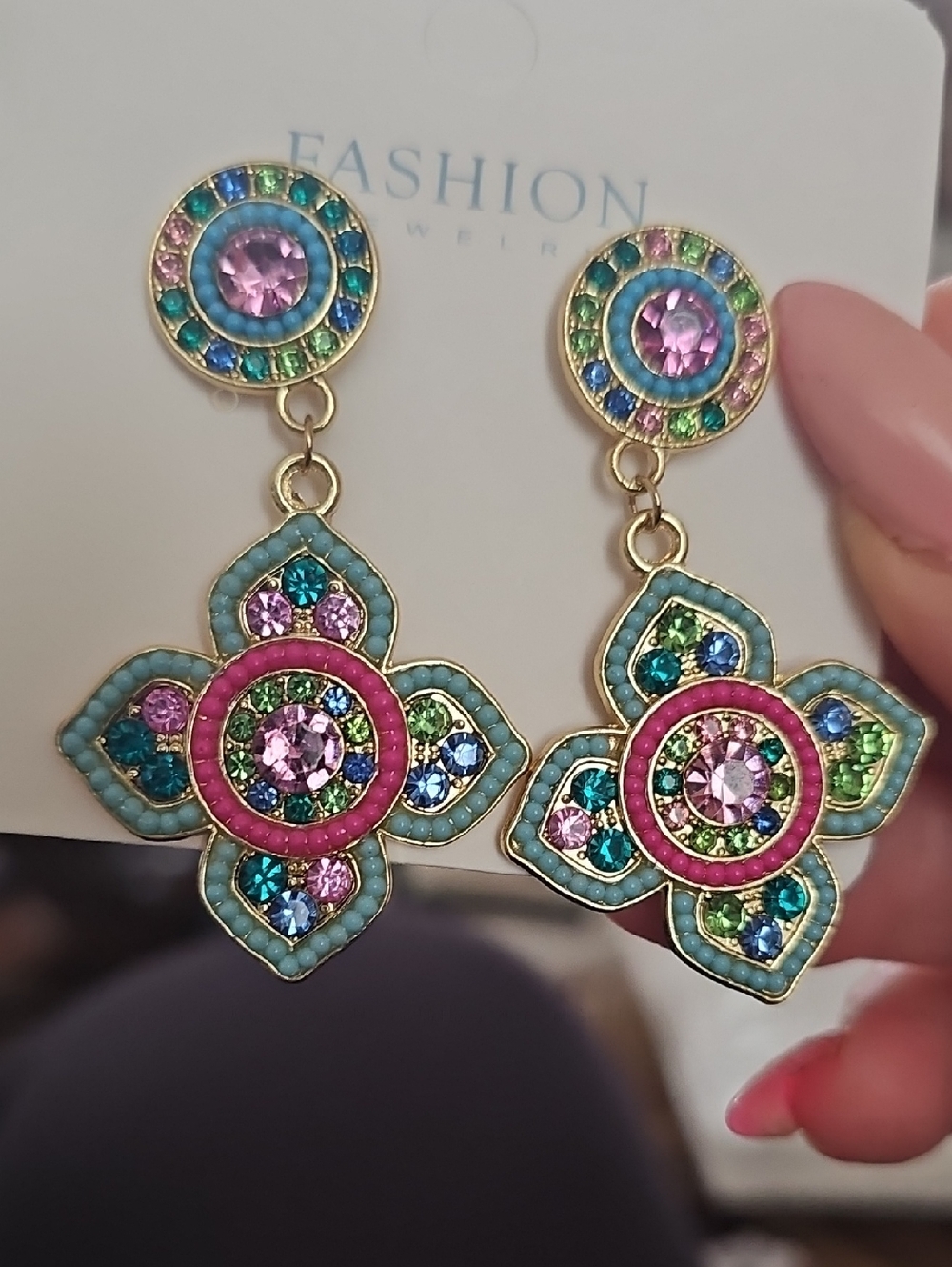 Floral Colored Rhinestone Bohemian Vintage Style Earrings - Picture 3 of 3